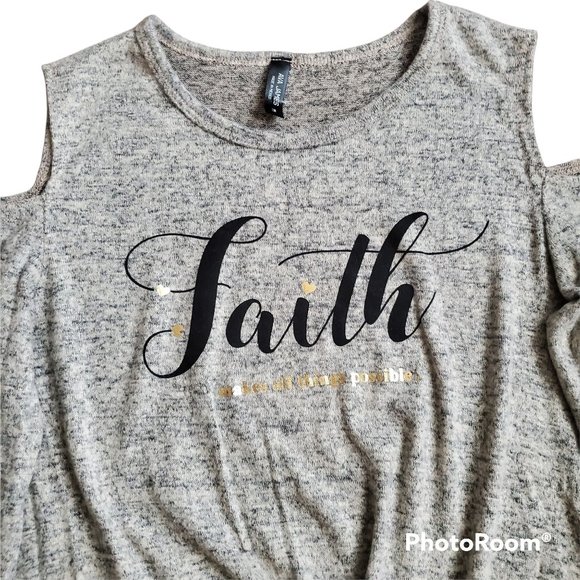 Ava James Womens Cold Shoulder 3/4 Sleeve Knot Front Knit Blouse Gray Medium NWT - Picture 5 of 11